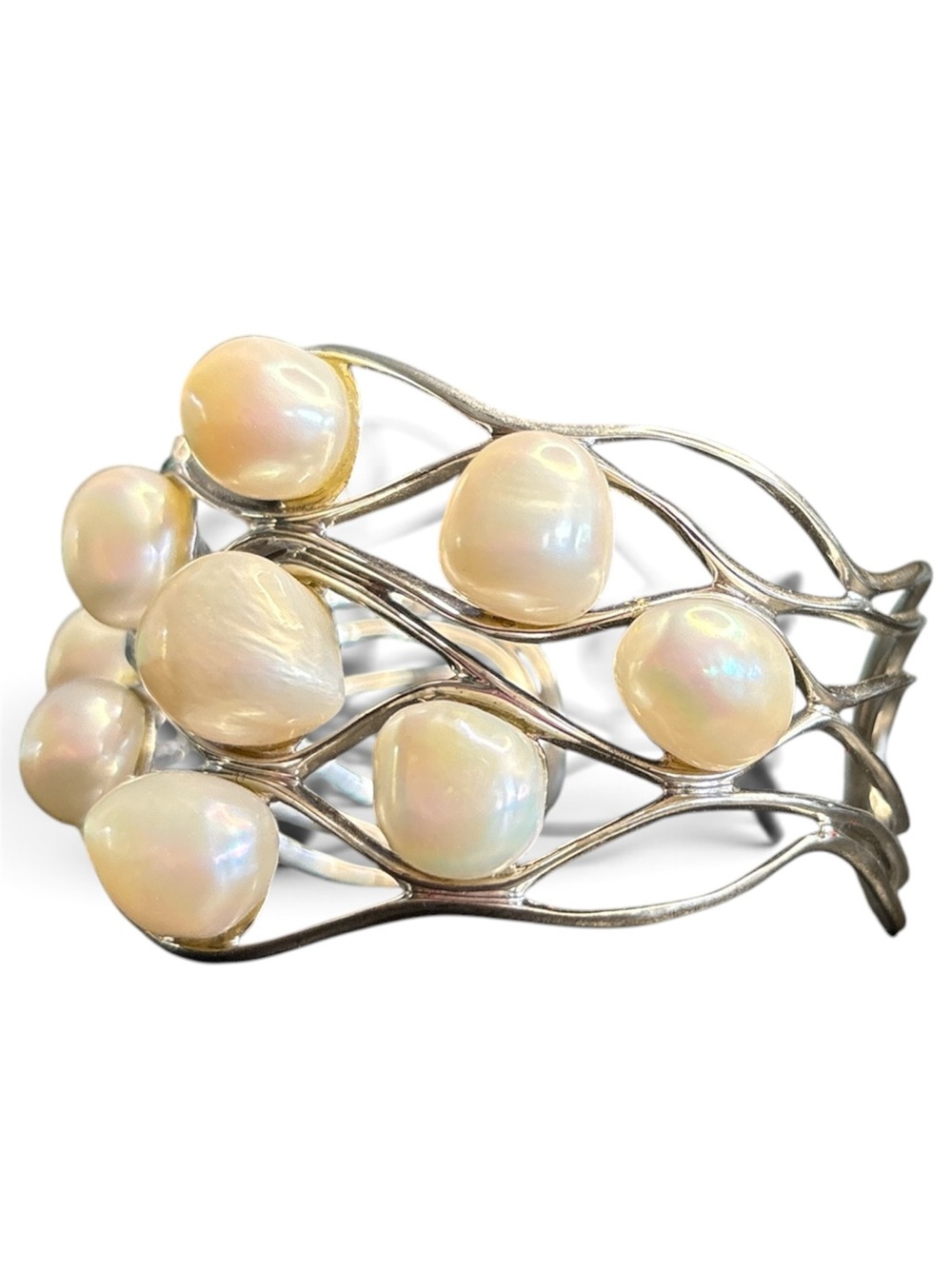 Pearled Wave Cuff Bracelet - Cream Pearls on 925 Sterling Silver